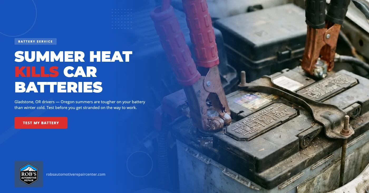 Summer car battery care in Gladstone, OR — Rob's Automotive Repair technician running a digital load test on a vehicle battery before a heat wave