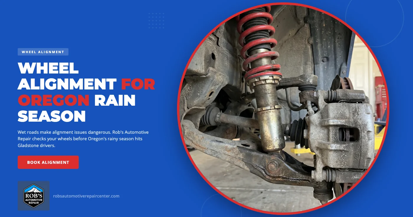 Wheel alignment service in Gladstone, OR — Rob's Automotive Repair technician measuring toe, camber, and caster on a lifted vehicle using the Hunter alignment rack during a pre-rainy-season alignment check