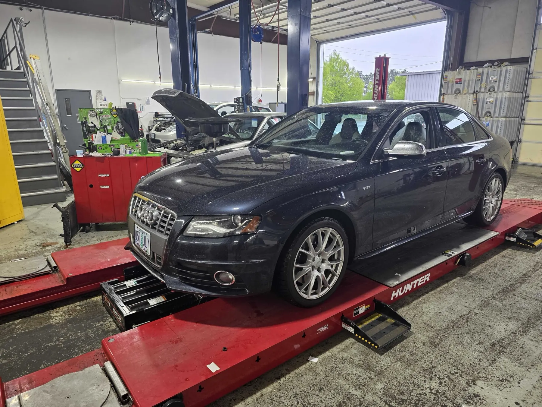 Audi S4 on the Hunter alignment rack at Rob's Automotive Repair Center in Clackamas, Oregon