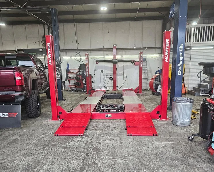 Diesel vehicle on the lift at Rob's Automotive Repair Center, Clackamas, OR